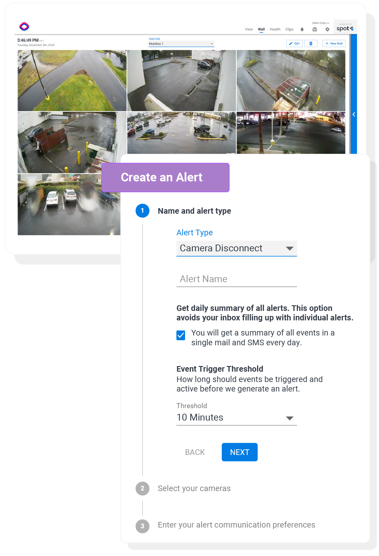 create an alert modal with video wall streaming cloud video surveillance footage
