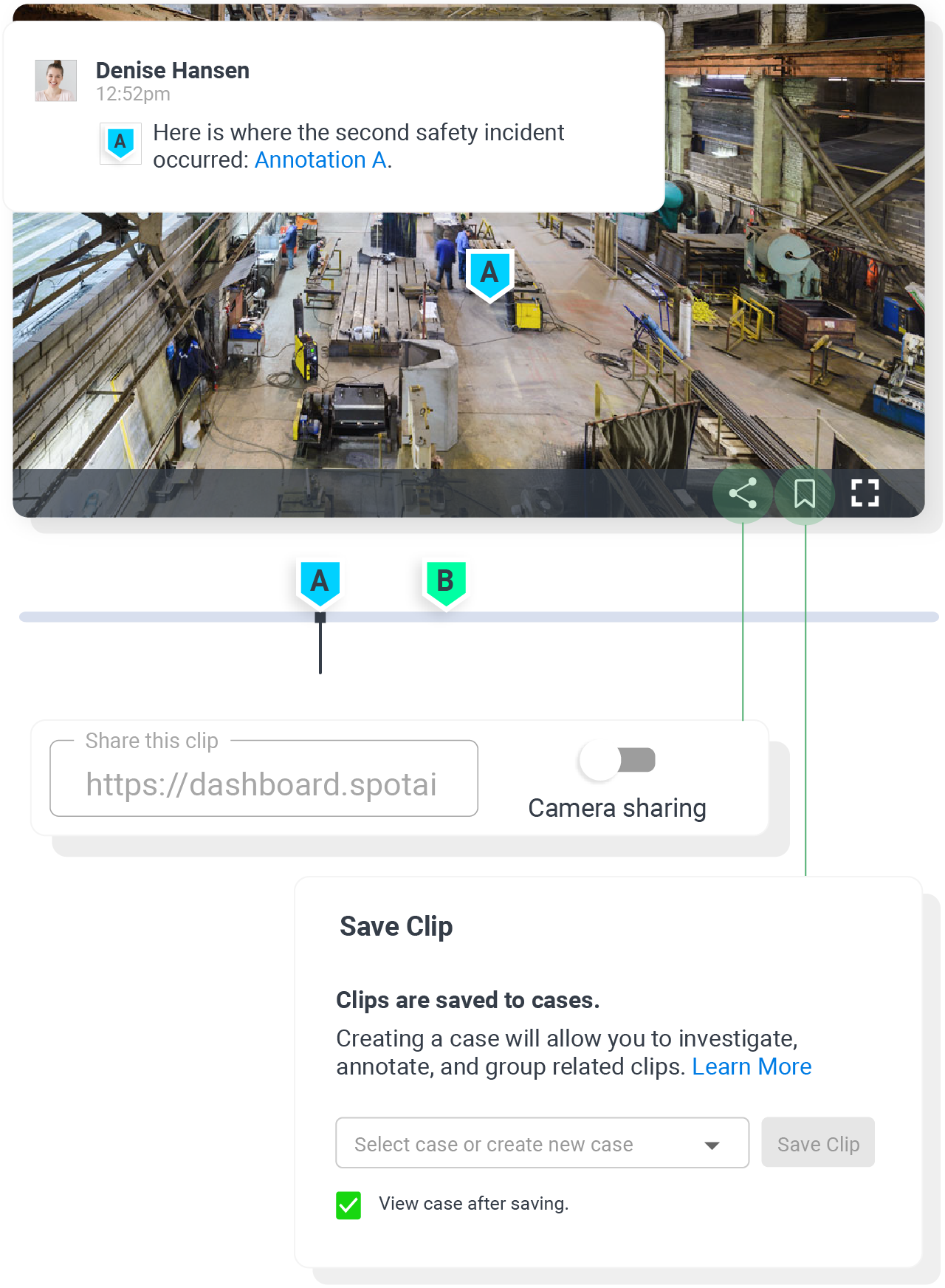 cloud video surveillance of safety incident clip with save and share UI modals 